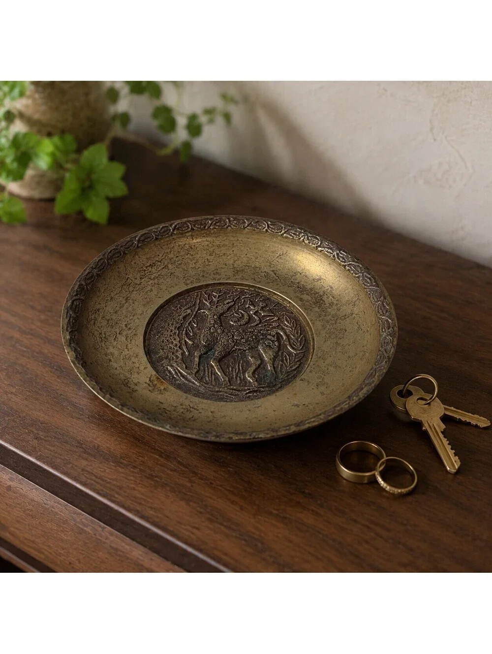 Vintage Korean Brass Stag Trinket Bowl Woodland Catchall Dish 4 7/8 Inch